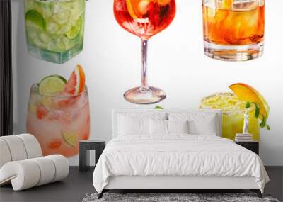 A vibrant and lively collection of beautiful watercolor cocktails, ideal for summer drinks and festive celebrations. PNG Wall mural