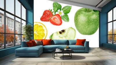 Green apple lemon slice strawberry watercolor illustration isolated on white background Wall mural