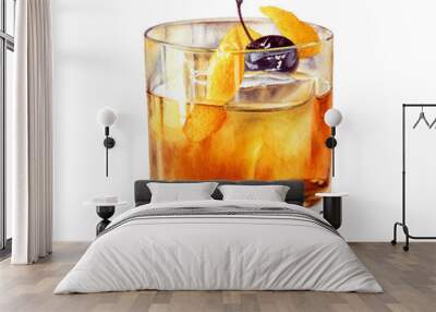 Old Fashioned cocktail in a rocks glass with a Luxardo Cherry watercolor illustration isolated on white background Wall mural