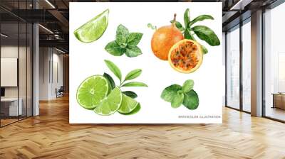 Passion fruit with leaves lime and mint set watercolor illustration isolated on white background Wall mural