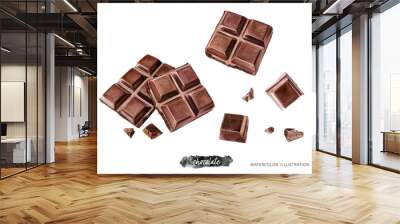 Pieces of dark chocolate bar watercolor illustration isolated on white background Wall mural