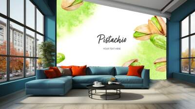 Pistachio horizontal banner watercolor hand drawn illustration with watercolor splash background on white. Wall mural