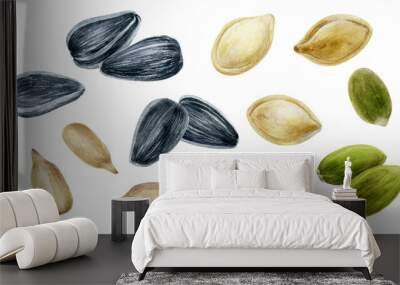 Sunflower seeds and pumpkin seeds set watercolor illustration isolated on white background Wall mural