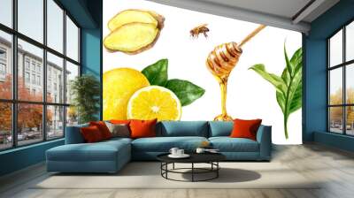 Tea leaves lemon honey ginger watercolor illustration isolated on white background Wall mural