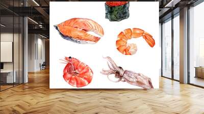 Watercolor hand drawn piece of salmon fish, shrimp, sushi caviar. Wall mural