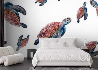 Watercolor hand drawn sea turtle isolated seamless pattern. Wall mural