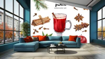 Watercolor illustration of mulled wine recipe set, blood orange punch fruit isolated on white background. Glass of wine, fruits and spices christmas composition. Wall mural