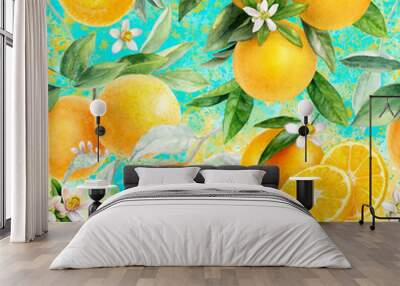 Watercolor seamless pattern orange fruit on a color background. Wall mural