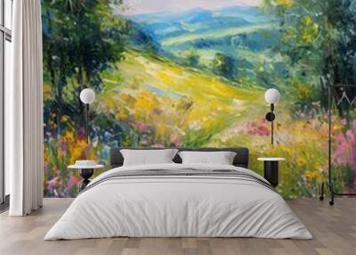 poster of a tree in an oil painting landscape, flower field Wall mural