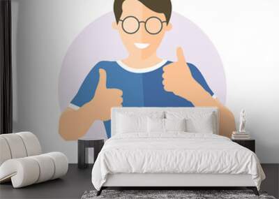 Glad, joyful, cheerful handsome boy in glasses. Flat design icon of handsome man with thumbs up. Simply editable isolated on white vector sign Wall mural