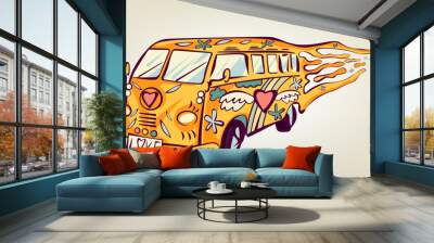 Hippie car, mini van. Isolated object. Psychedelic print concept. Wall mural