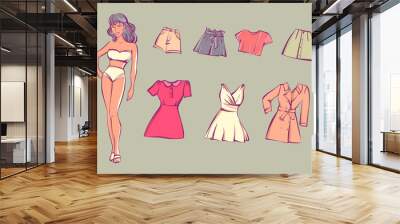 Paper doll with different dresses. Vector illustration Wall mural