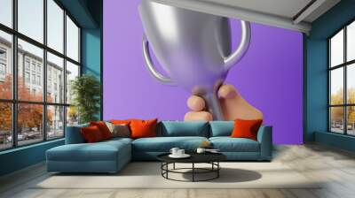 Cartoon emoji hand emoji holding trophy cup isolated over purple background. 3d rendering. Wall mural