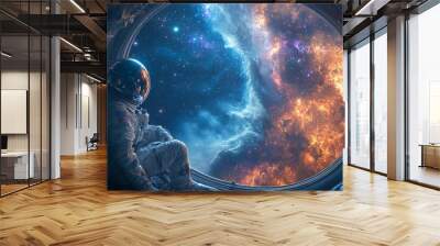 Astronaut Exploring Vast Galaxy: Futuristic Spaceship Interior with Massive Illumination Device. Cosmic Adventure in Unknown Universe. Astronomy, Cosmology, and Metaverse Concept for Web Design, Marke Wall mural