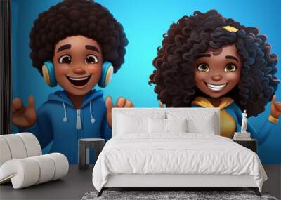 Cheerful 3D African Cartoon Boy: Smiling Curly-Haired Young Teen on Vibrant Blue Background. Adorable Character Design for UI, Web Marketing, and High-Resolution Wallpapers. Cute and Fun Representatio Wall mural