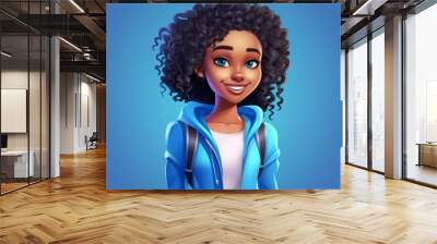 Cheerful 3D African Cartoon Boy: Smiling Curly-Haired Young Teen on Vibrant Blue Background. Adorable Character Design for UI, Web Marketing, and High-Resolution Wallpapers. Cute and Fun Representatio Wall mural