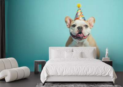 Cute Bulldog with party hat and delicious birthday cake on light blue background, cute funny dog celebrating his birthday. Happy Birthday pet concept