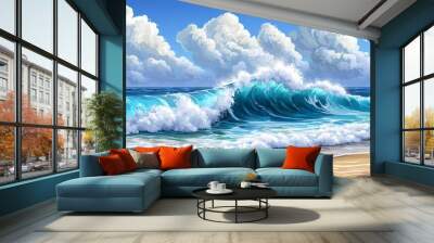 Ethereal Tropical Paradise: Emerald Waves Caressing Pristine Beach. Idyllic Coastal Serenity Inviting Tranquil Escape and Outdoor Adventure. Perfect for Summer Vacations, Relaxation, and Retirement Bl Wall mural