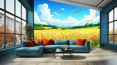 Joyful Harvest Festival Celebration: Vibrant Wheat Fields and Rural Prosperity. Abstract Design for Autumn Agricultural Abundance, Seasonal Promotions, and Technological Advancements in Farming.

 Wall mural