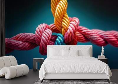 Various colorful ropes connecting with each other, concept of unity and group strength. Wall mural