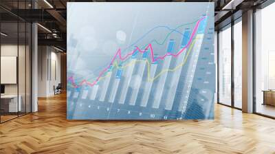 Business growth, progress or success concept. Financial bar chart and growing graphs with depth of field on bright tone background. Wall mural