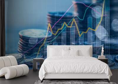 Business growth or financial concept. Double exposure of graph and stack of coins over bank account passbook background (depth of field photography). Wall mural