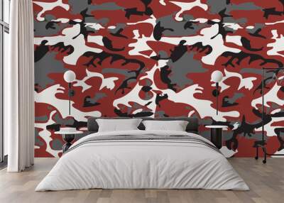 Camouflage pattern background vector. Classic clothing style masking camo repeat print. Virtual background for online conferences, online transmissions. Red grey white black colors marine texture Wall mural