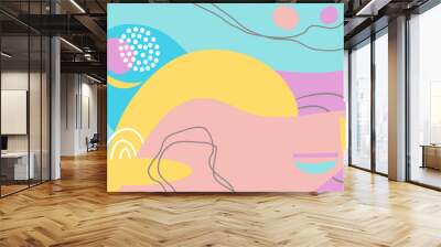 Fun hand drawn colorful shapes, doodle objects and lines, dots collage, modern trendy abstract pattern background for design. Pink yellow blue purple pastel colors Wall mural