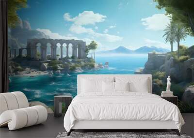 Scenic ancient ruins by the serene blue sea, perfect for a tranquil tropical getaway. Wall mural