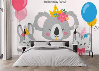 Happy birthday invitation,card template with koala,rabbit and cat girls characters.Vector illustration in flat style. Wall mural