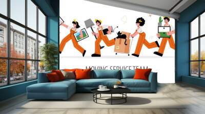 Relocation or moving service.Group of people in help to move quickly.Men and women workers carry boxes and furniture. Wall mural