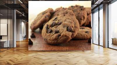 Chocolate Chip Cookies on a Dark Wood Surface Wall mural