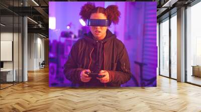 Metaverse, virtual reality and gaming girl with gamepad, innovation and vr media in neon lighting at night. Female gamer, cyberspace tech and glasses for 3D experience, digital AR fantasy and gen z Wall mural