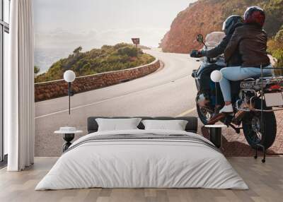 Motorcycle, travel and back of couple on road for adventure, freedom and enjoy weekend on mountain. Love, travelling mockup and man and woman ride on motorbike for holiday, vacation and journey Wall mural