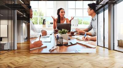 Black woman, presentation and meeting for business collaboration ideas in team discussion for marketing at the office. African American female talking to employee people in teamwork planning at work Wall mural