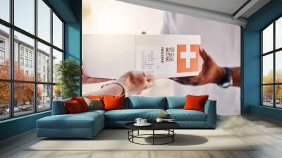 Pharmacy, delivery box and people hands for healthcare, package and ecommerce courier services. Shipping, pharmaceutical industry and telealth supplier giving mail, post or medicine to person at door Wall mural