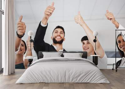 Thumbs up, winning and group people success, support or thank you hands sign. Yes, like or winner of business team, employees or worker with vote, agreement and well done emoji in collaboration below Wall mural