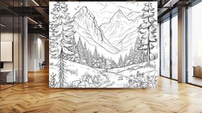 A coloring book landscape, capturing the beauty of nature Wall mural