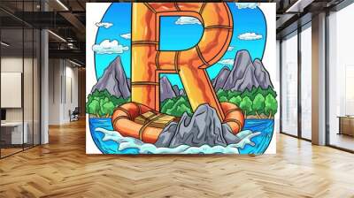 A flashcard with the letter R is for rafting, a vector illustration promoting adventure Wall mural