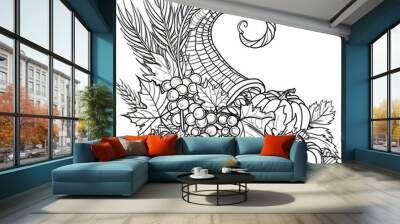 A vector outline of a cornucopia or horn of plenty, full of pumpkins, grapes, wheat, and maple, celebrating abundance Wall mural