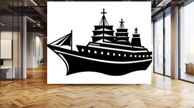 black and white vector illustration in the form of a stencil depicting a sailing ship on the waves vector illustration white background Wall mural