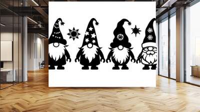 Gnome Christmas silhouette vector illustration, Dancing dwarfs stencils. Gnome with a gift, with a star and a gnome with a magic wand. Winter decorations. Wall mural