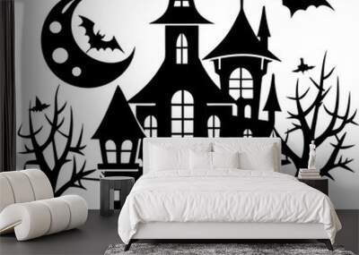 Halloween haunted house Vector illustration black silhouettes,scary halloween house bundle set,halloween at night and bats house logo SVG, EPS, JPEG, PNG, Vector, Digital File Wall mural