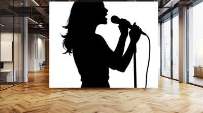 Woman singer holding a microphone with gray cable and singing loud silhouette, singing girl isolated vector illustration on white background Wall mural