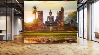 Wat Mahathat Temple at Sukhothai Historical Park, a UNESCO World Heritage Site in Thailand Wall mural