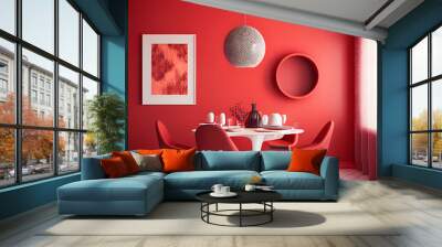 Bright and cozy modern dining room interior with red furniture and decoration room on empty red or white wall background, Ai generated
 Wall mural