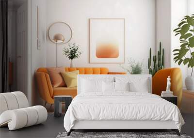 Cozy modern living room interior with orange sofa and decoration room on a orange or white wall background, Generative AI
 Wall mural