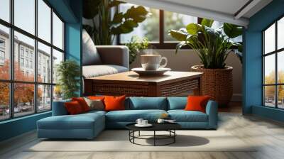 Modern cozy interior of living room with close-up a wooden coffee table, a cup of hot coffee or tea. Blurred background with design sofa, pillows, house plants in minimalist stylish home decoration. Wall mural