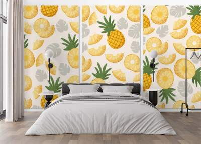 Set of pineapple backgrounds. Summer tropical fruit vector illustration in cartoon flat style. For banner, poster, flyer, stories, cover Wall mural