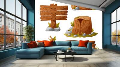 Set of wooden logs, stump, board pointer, vector illustration, cartoon style, wood elements with stones, plants, grass, oak leaves, rest in the forest in summer, camping Wall mural